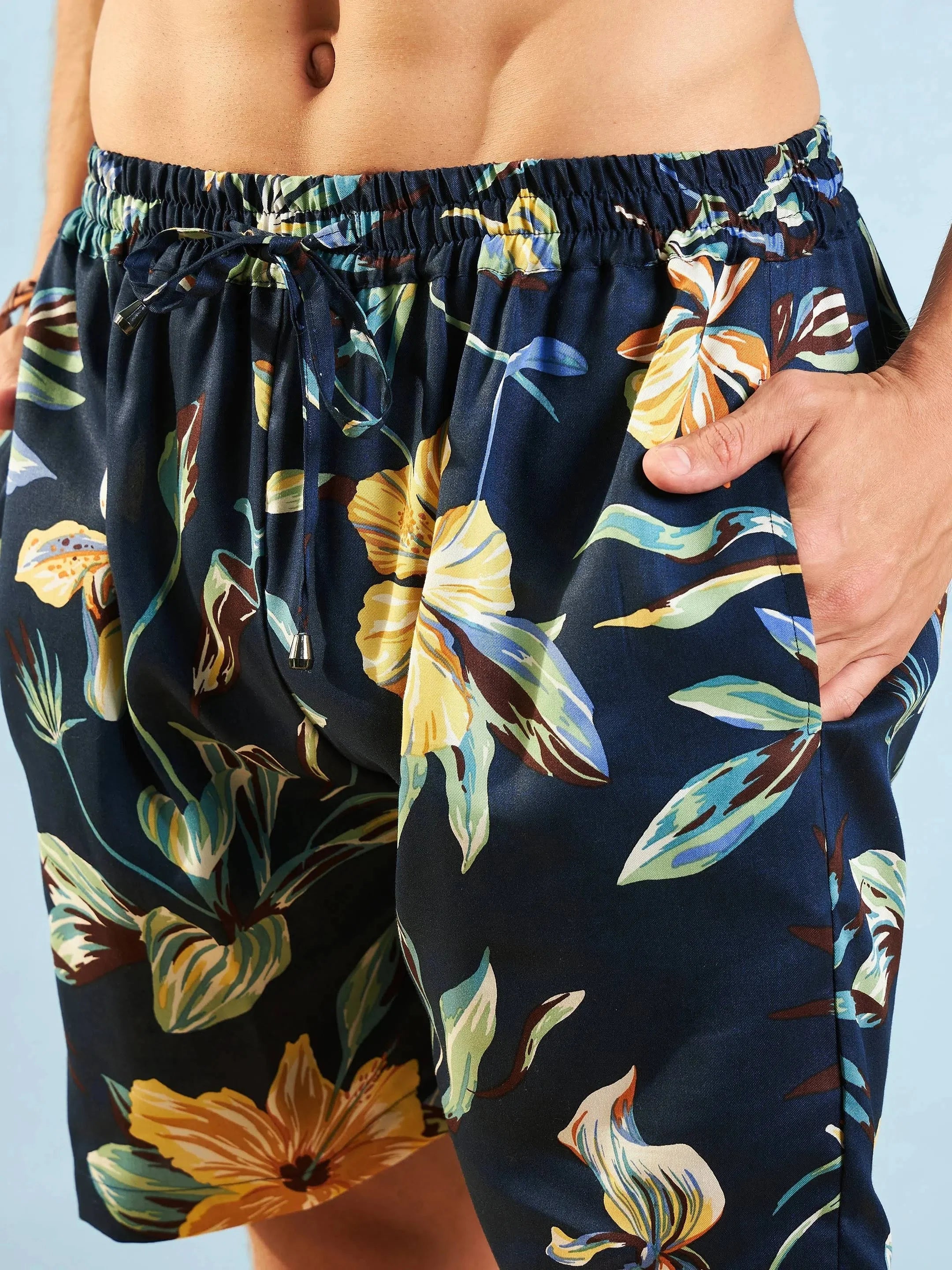 Men's Navy Blue Tropical Beach Printed Co Ord Set Shirt & Shorts