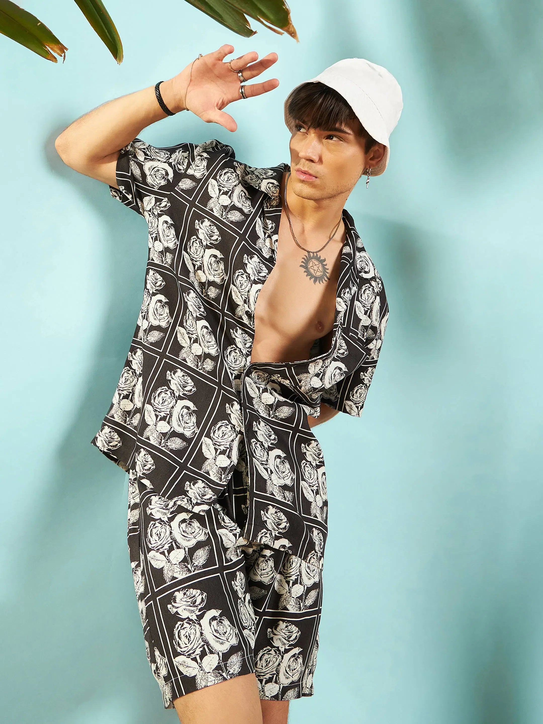 Mens Two Piece Sets: White & Black Floral Shirt & Shorts