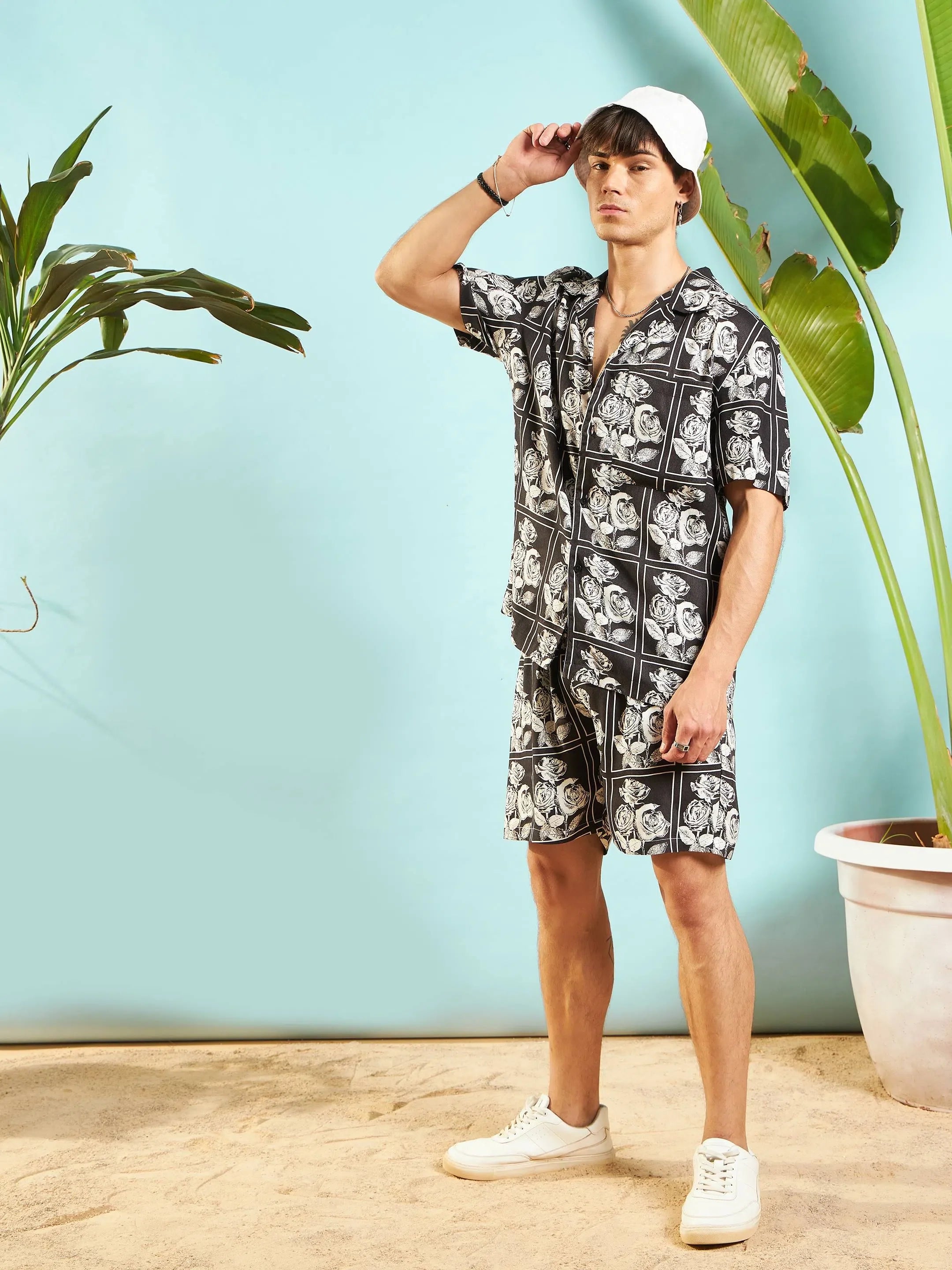 Mens Two Piece Sets: White & Black Floral Shirt & Shorts