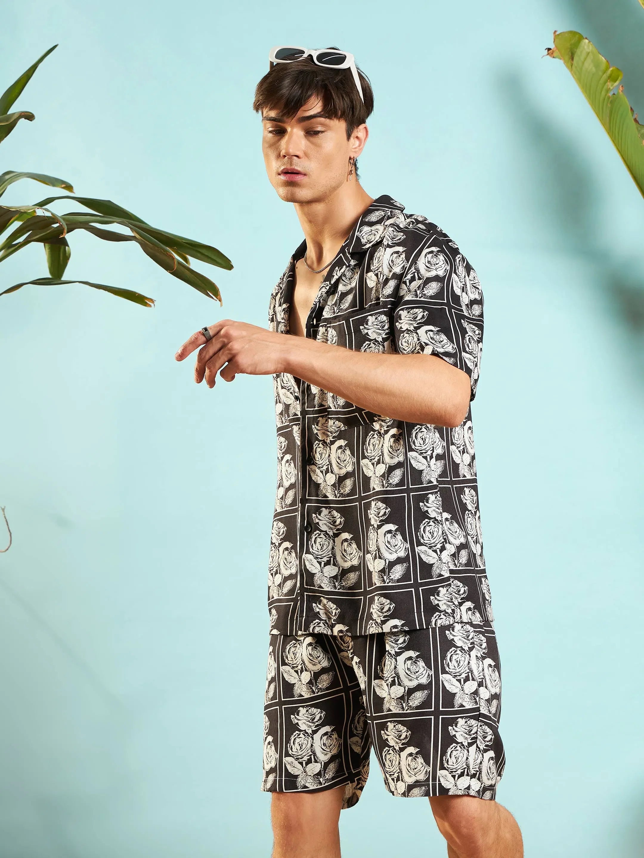 Mens Two Piece Sets: White & Black Floral Shirt & Shorts