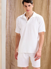 Men White Textured Relax Fit Polo T-Shirt With Shorts-MSSETS96224
