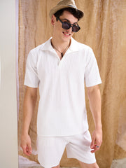 Men White Textured Relax Fit Polo T-Shirt With Shorts-MSSETS96224