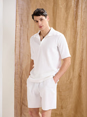 Men White Textured Relax Fit Polo T-Shirt With Shorts-MSSETS96224