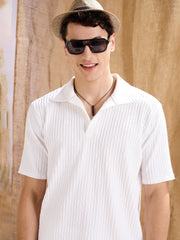 Men White Textured Relax Fit Polo T-Shirt With Shorts-MSSETS96224