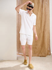 Men White Textured Relax Fit Polo T-Shirt With Shorts-MSSETS96224