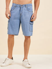 Men Blue Denim Box Pocket Shorts-MSSHOR90058-Blue