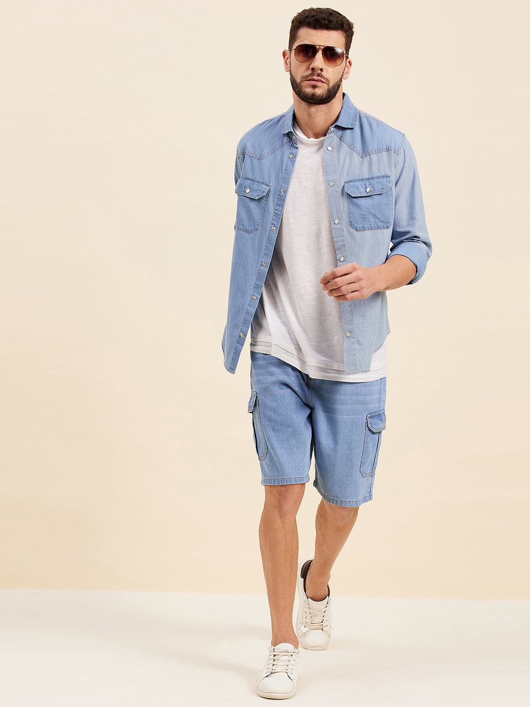 Men Blue Denim Box Pocket Shorts-MSSHOR90058-Blue