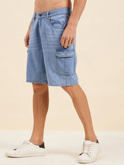 Men Blue Denim Box Pocket Shorts-MSSHOR90058-Blue