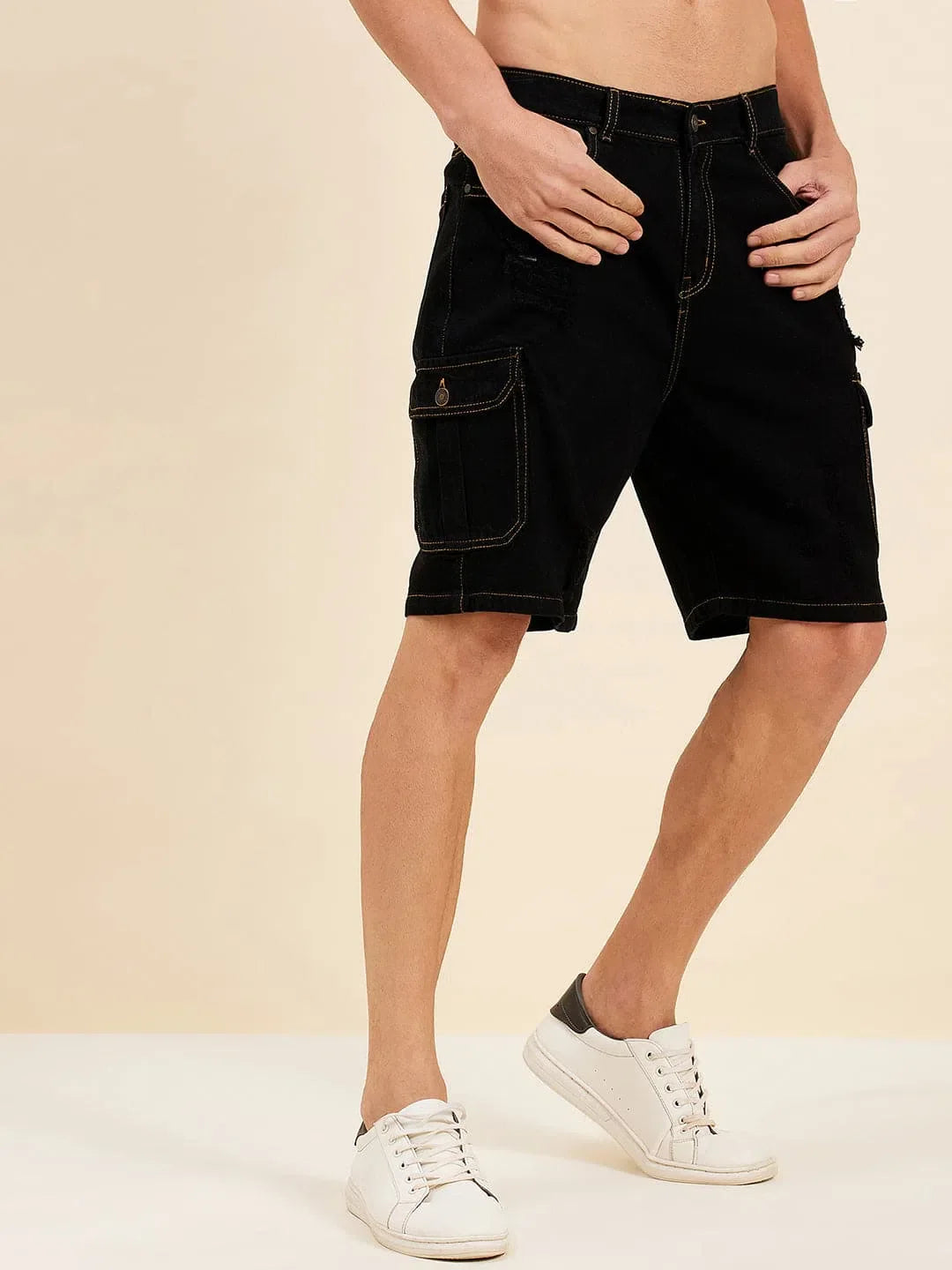 Men's Black Denim Box Pocket Shorts | Cotton Cargo Pants