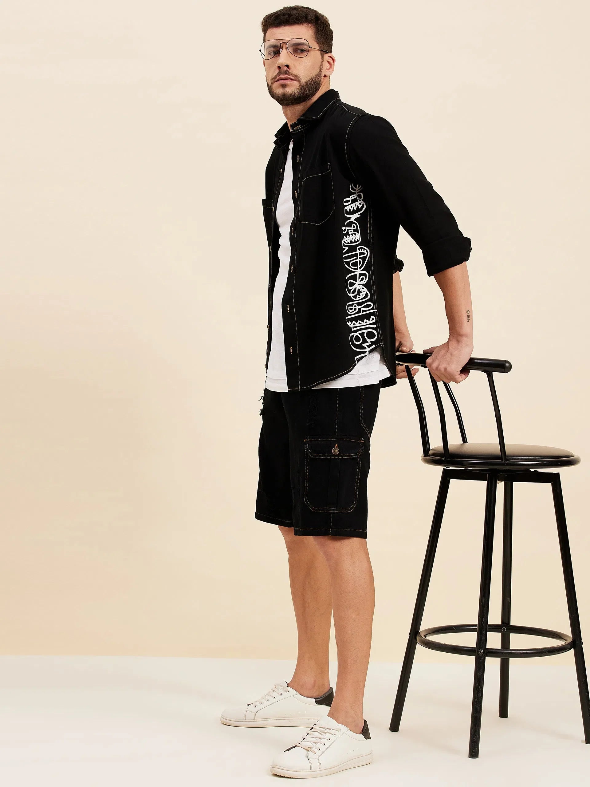 Men's Black Denim Box Pocket Shorts | Cotton Cargo Pants