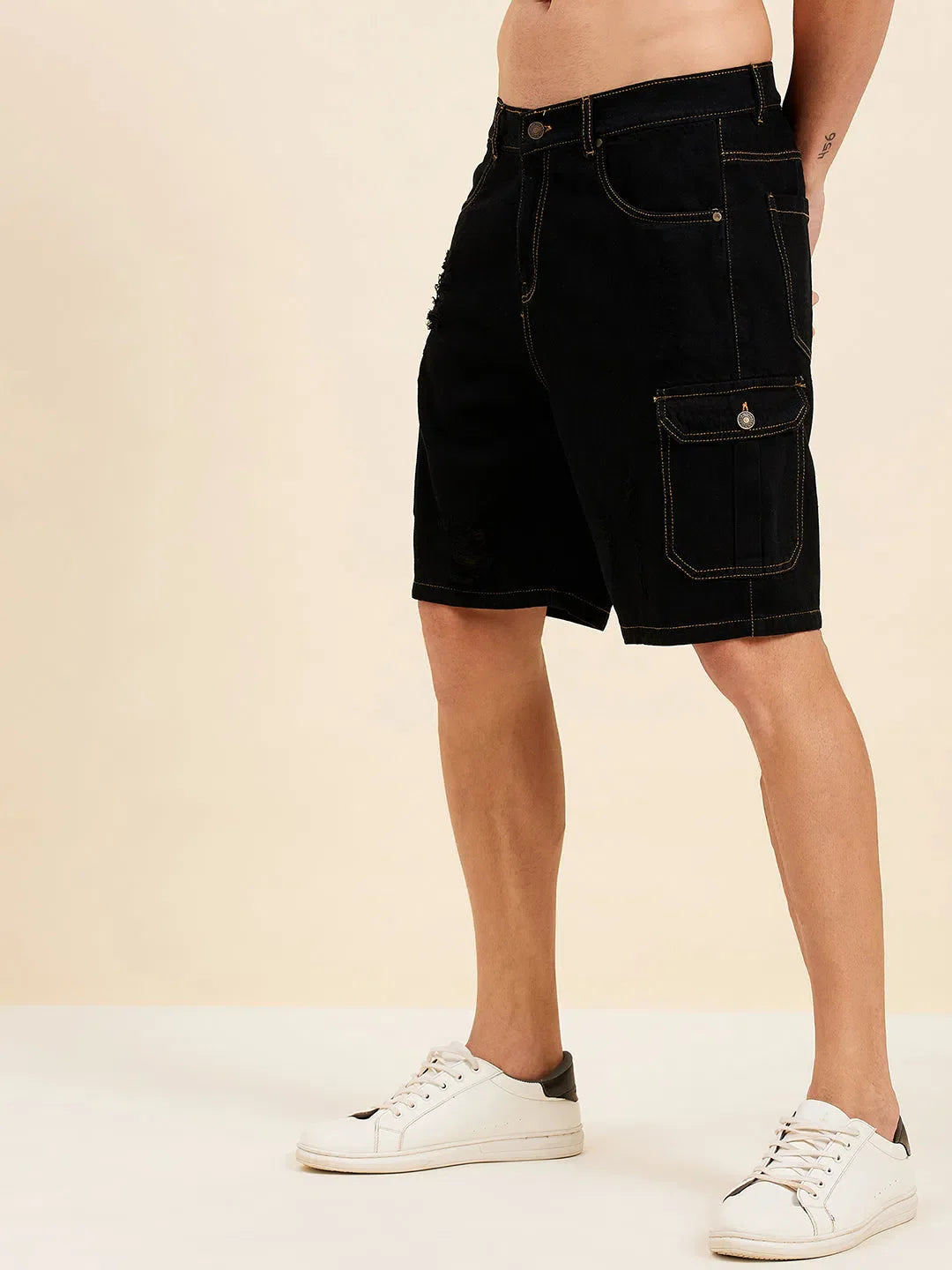 Men's Black Denim Box Pocket Shorts | Cotton Cargo Pants