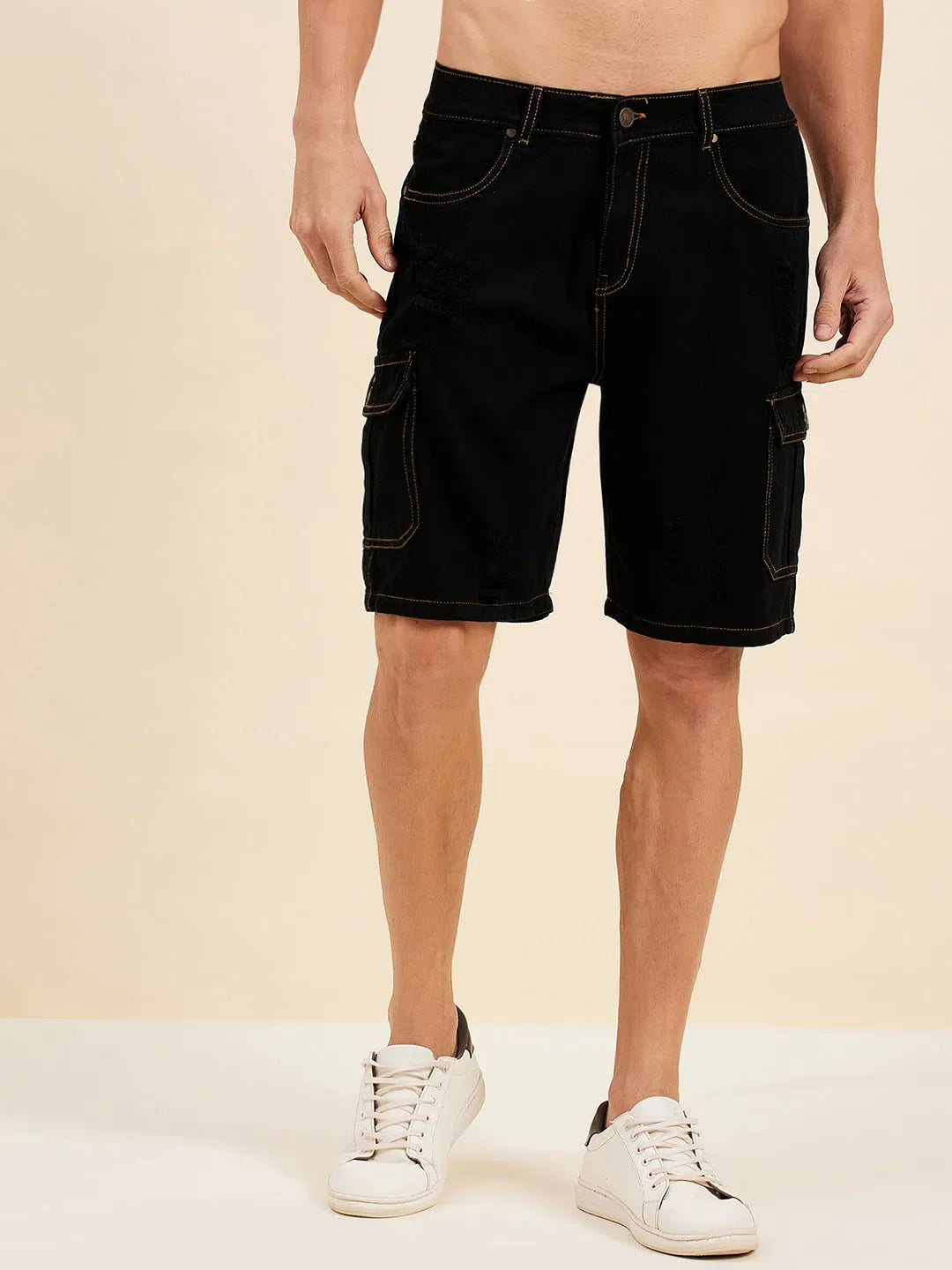 Men's Black Denim Box Pocket Shorts | Cotton Cargo Pants