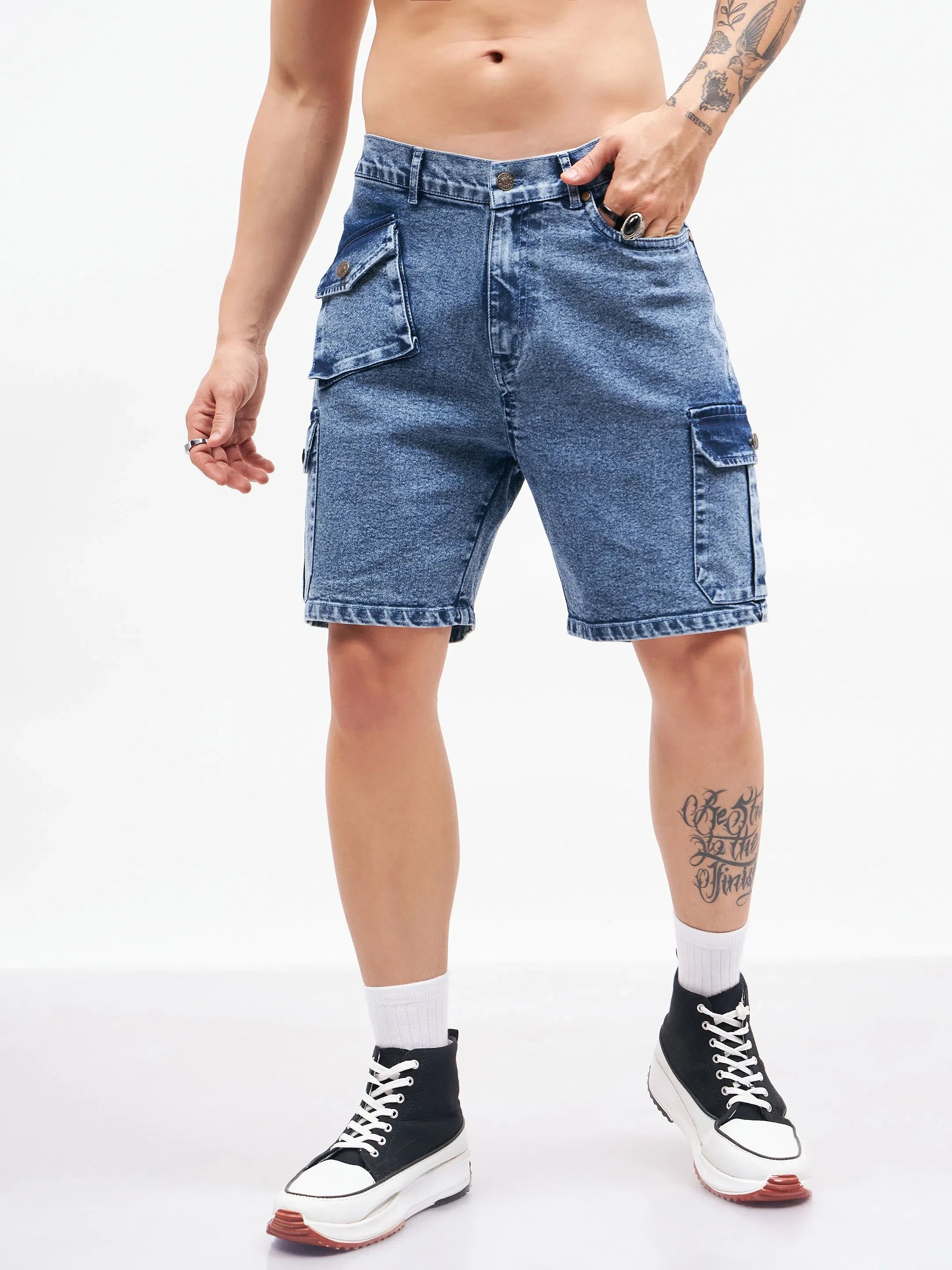 Men's Blue Denim Shorts | Utility Pocket Cargo Pants Style
