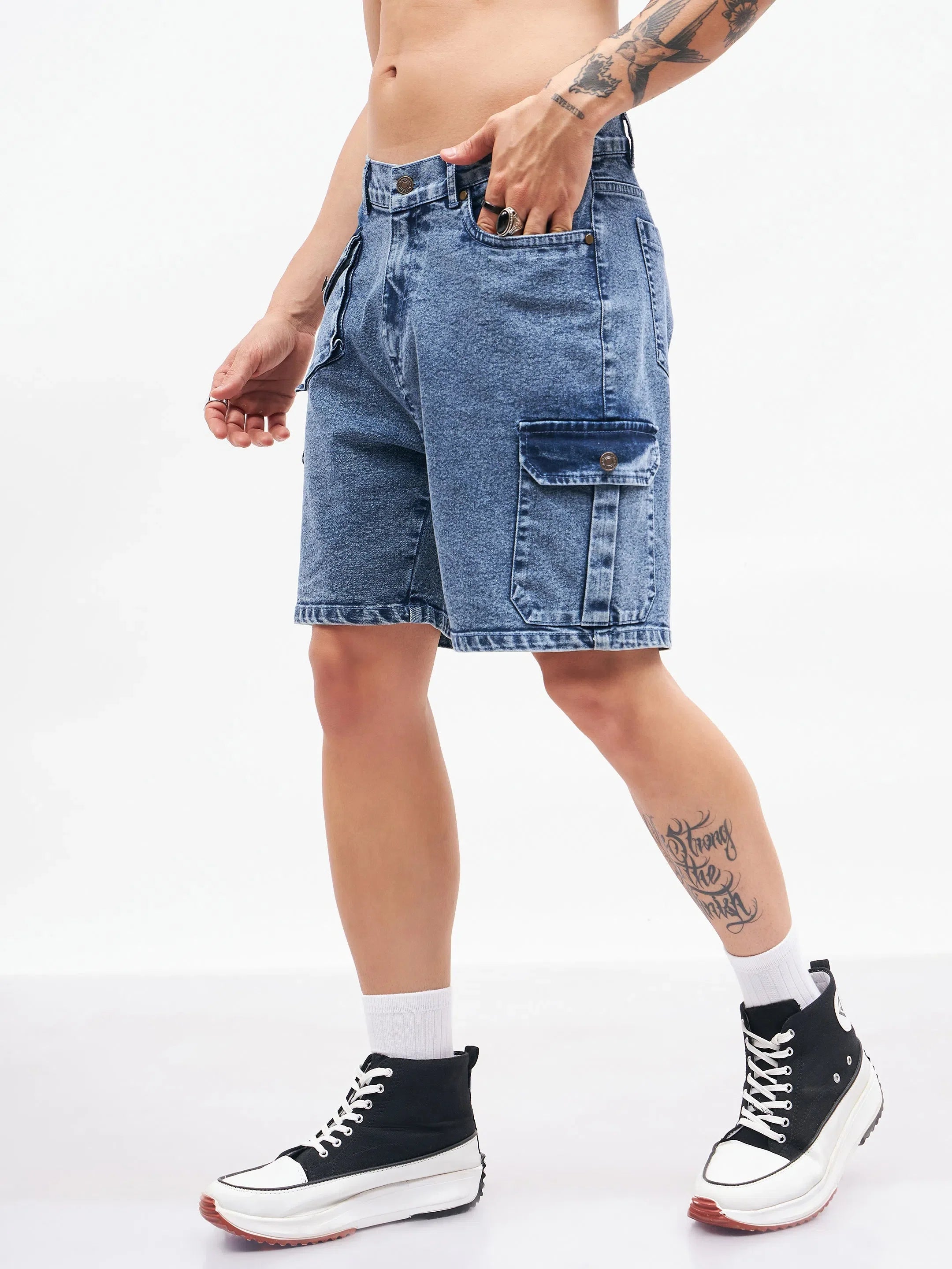 Men's Blue Denim Shorts | Utility Pocket Cargo Pants Style