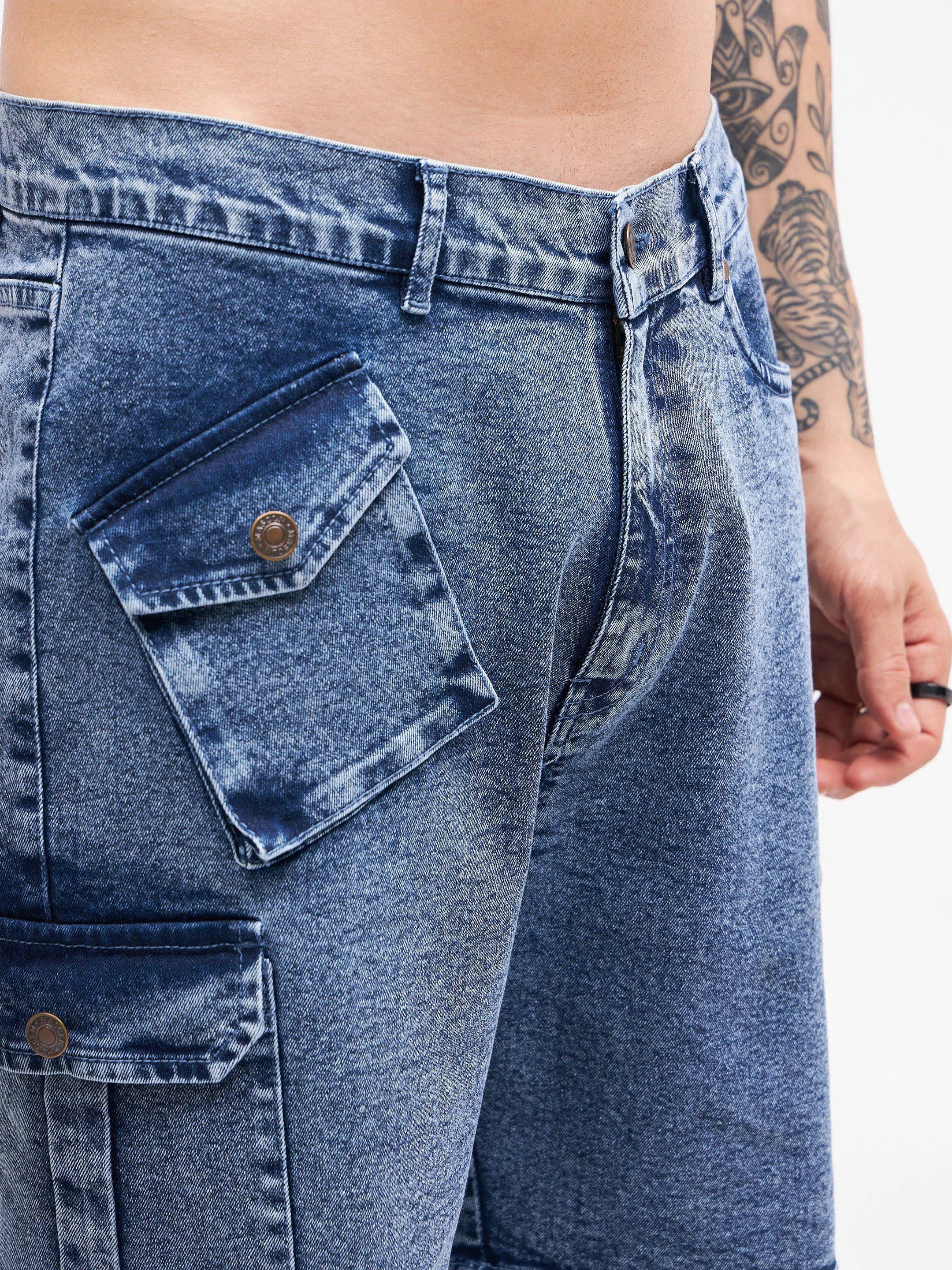 Men's Blue Denim Shorts | Utility Pocket Cargo Pants Style