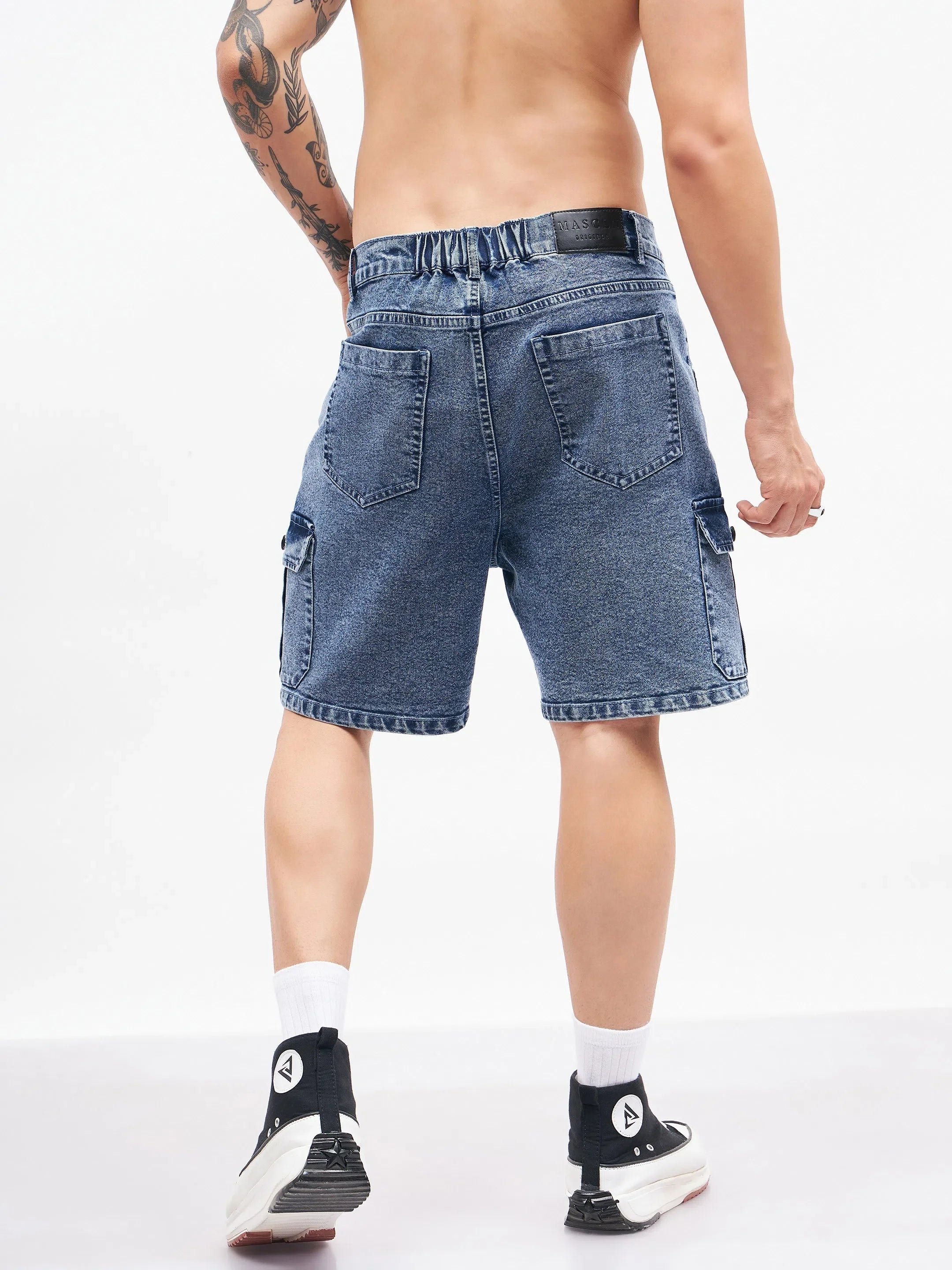 Men's Blue Denim Shorts | Utility Pocket Cargo Pants Style