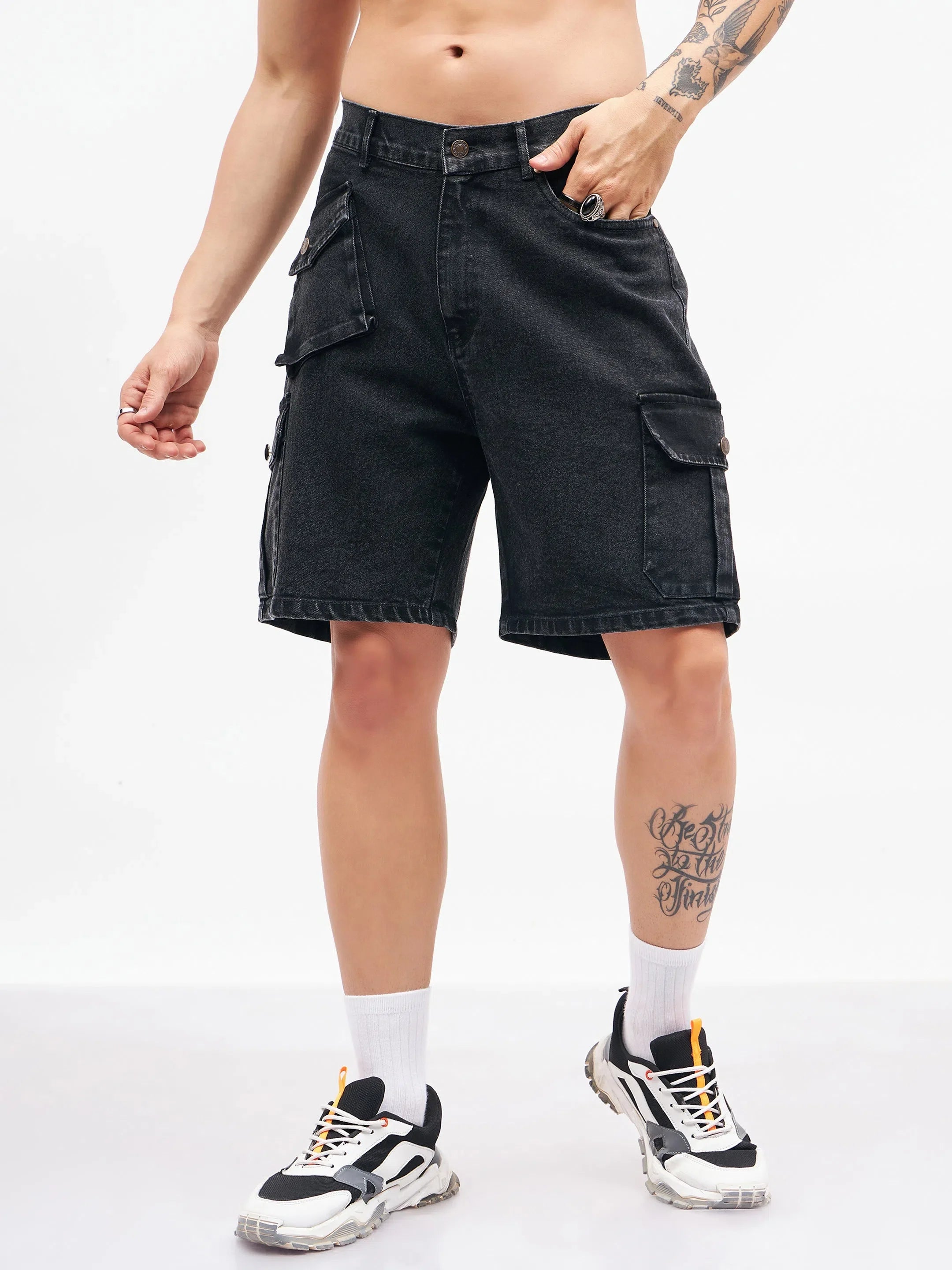 Men's Black Utility Pocket Denim Shorts | Cotton Cargo Pants