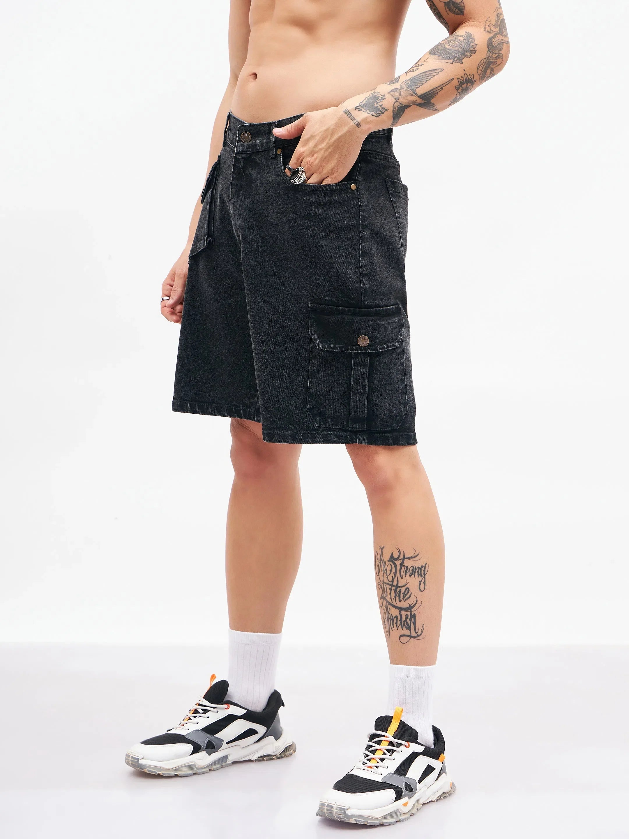 Men's Black Utility Pocket Denim Shorts | Cotton Cargo Pants