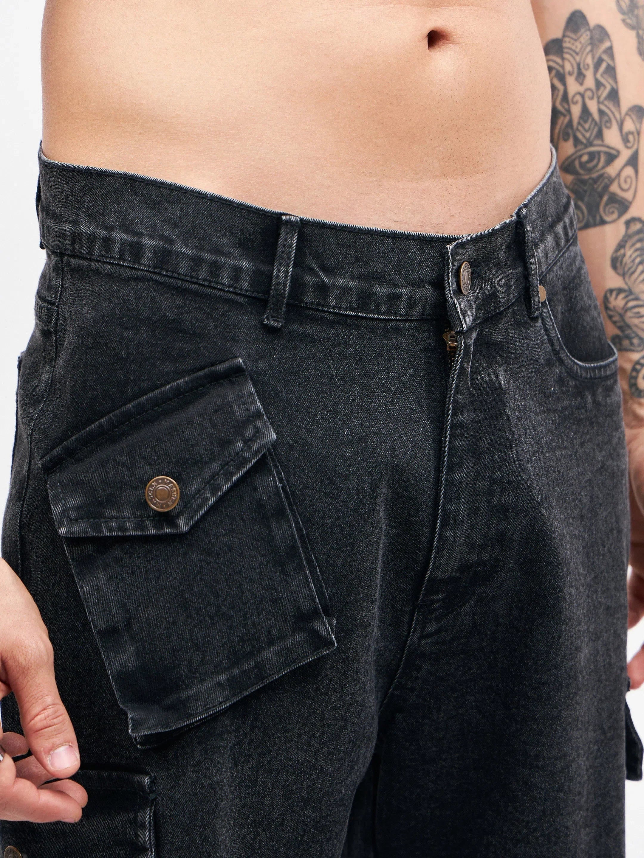 Men's Black Utility Pocket Denim Shorts | Cotton Cargo Pants