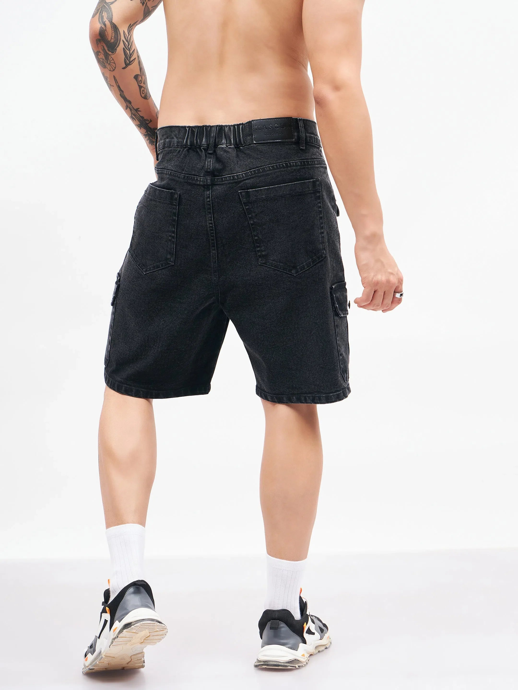 Men's Black Utility Pocket Denim Shorts | Cotton Cargo Pants