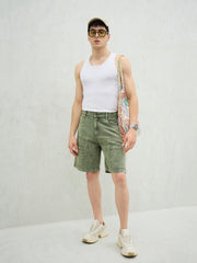 Men Light Green Denim Relax Fit Carpenter Shorts-MSSHOR90081