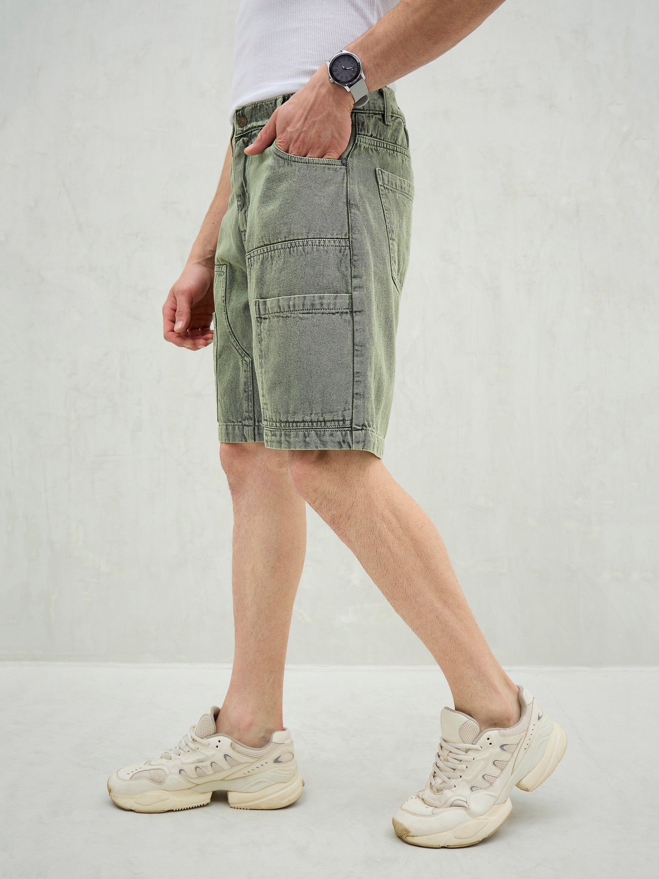 Men Light Green Denim Relax Fit Carpenter Shorts-MSSHOR90081