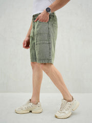 Men Light Green Denim Relax Fit Carpenter Shorts-MSSHOR90081