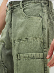 Men Light Green Denim Relax Fit Carpenter Shorts-MSSHOR90081