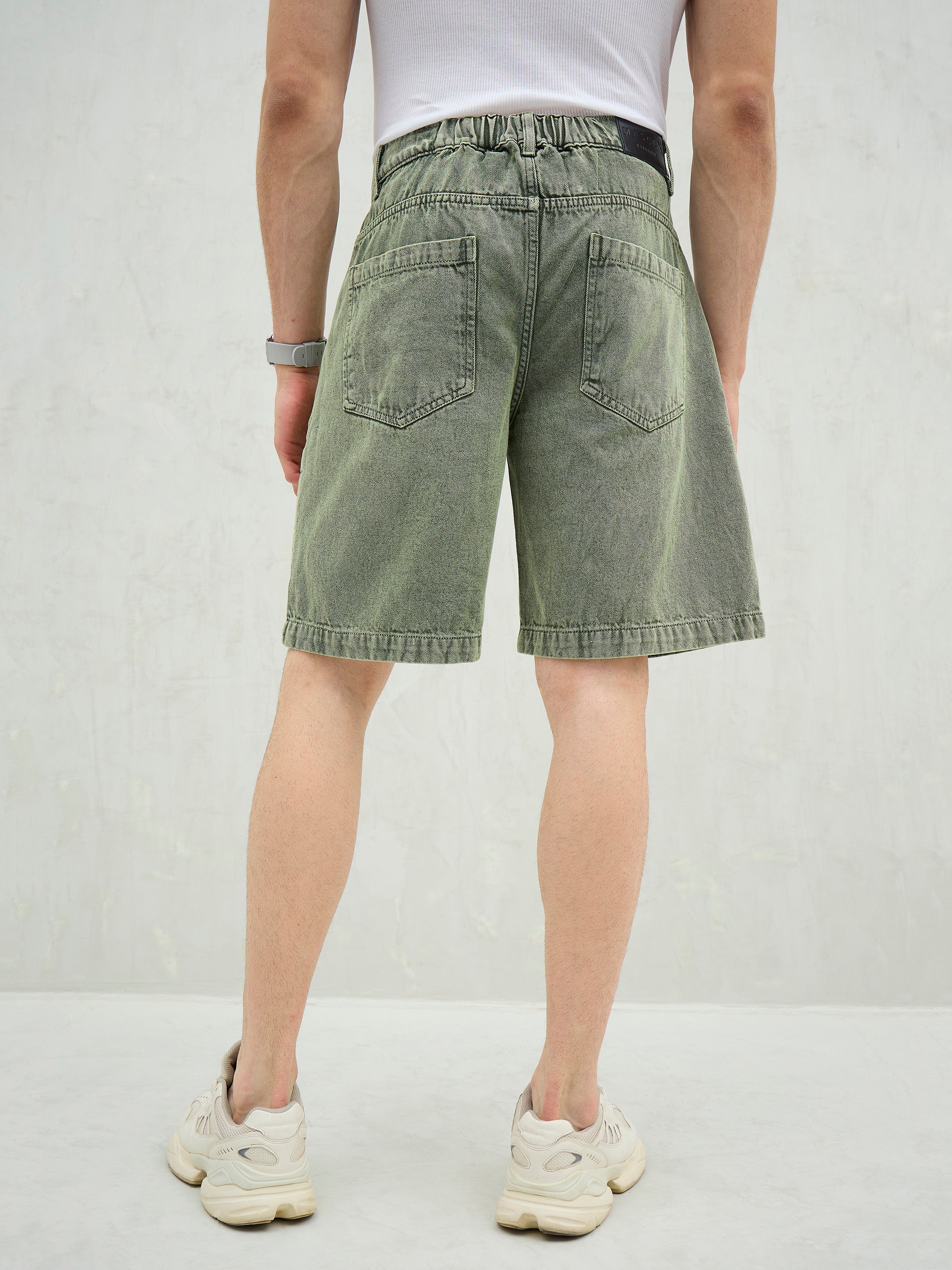 Men Light Green Denim Relax Fit Carpenter Shorts-MSSHOR90081