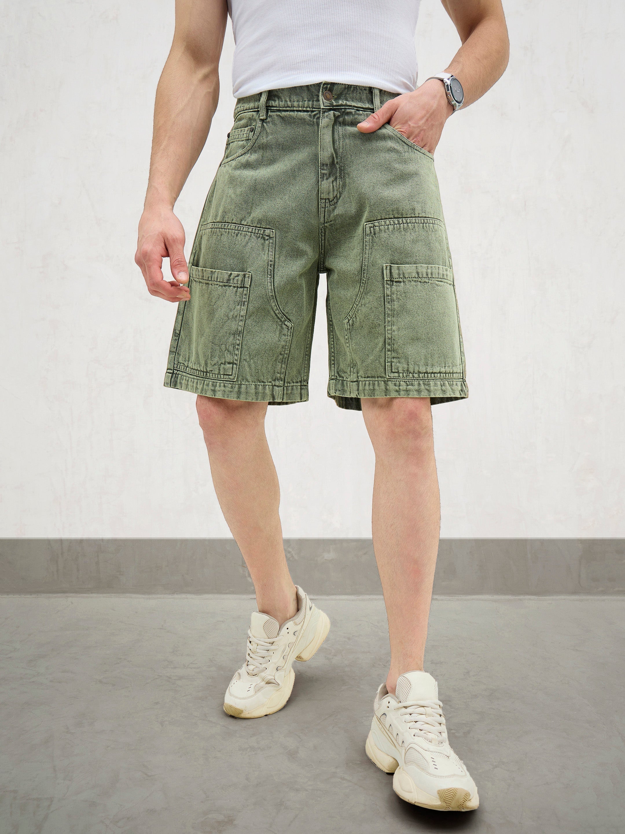 Men Light Green Denim Relax Fit Carpenter Shorts-MSSHOR90081