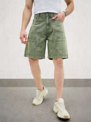 Men Light Green Denim Relax Fit Carpenter Shorts-MSSHOR90081