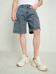 Men Blue Washed Denim Relax Fit Carpenter Shorts-MSSHOR90082