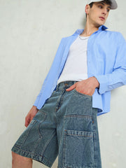 Men Blue Washed Denim Relax Fit Carpenter Shorts-MSSHOR90082