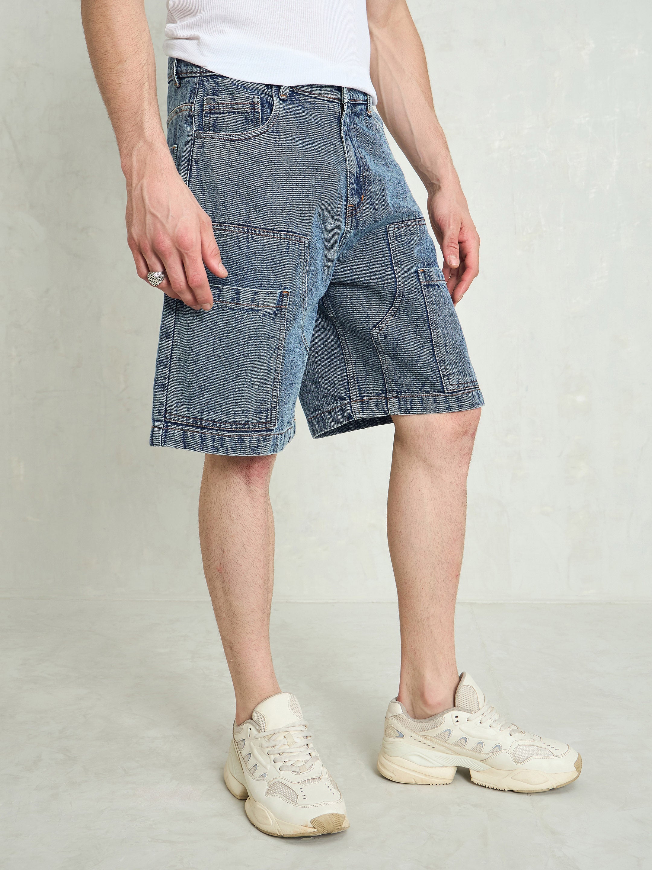 Men Blue Washed Denim Relax Fit Carpenter Shorts-MSSHOR90082