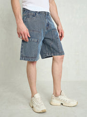 Men Blue Washed Denim Relax Fit Carpenter Shorts-MSSHOR90082