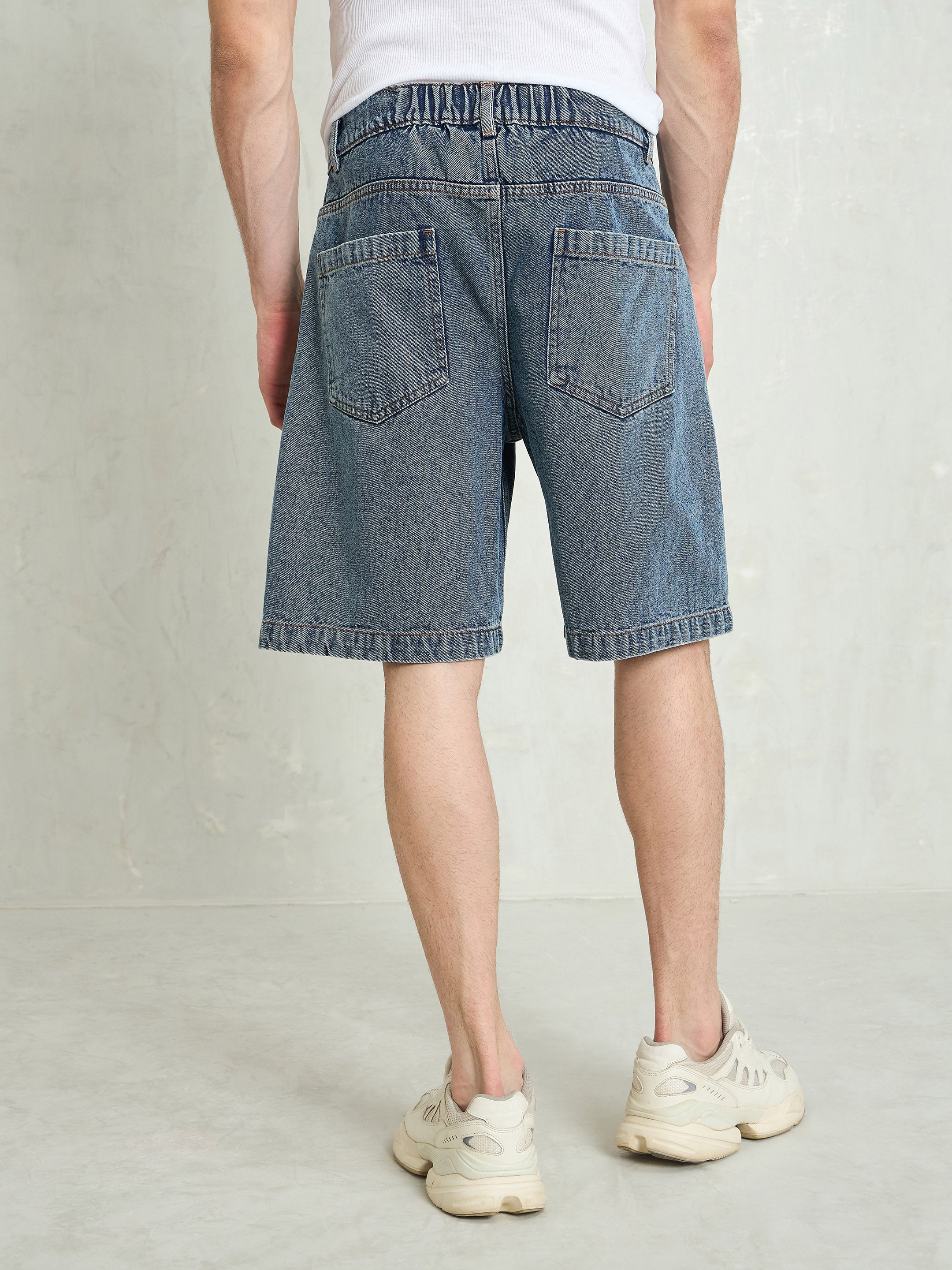 Men Blue Washed Denim Relax Fit Carpenter Shorts-MSSHOR90082
