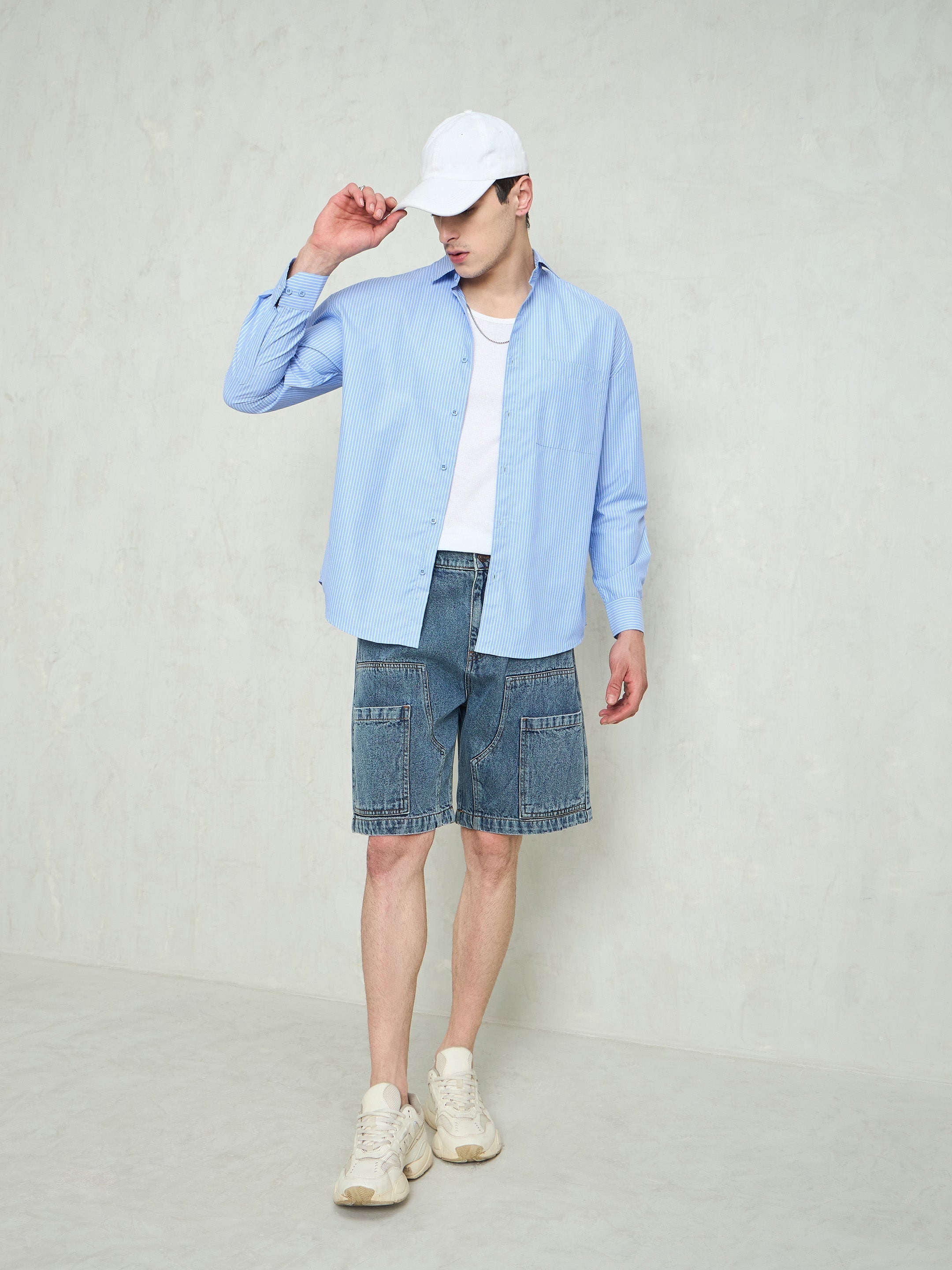 Men Blue Washed Denim Relax Fit Carpenter Shorts-MSSHOR90082