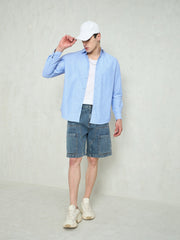 Men Blue Washed Denim Relax Fit Carpenter Shorts-MSSHOR90082
