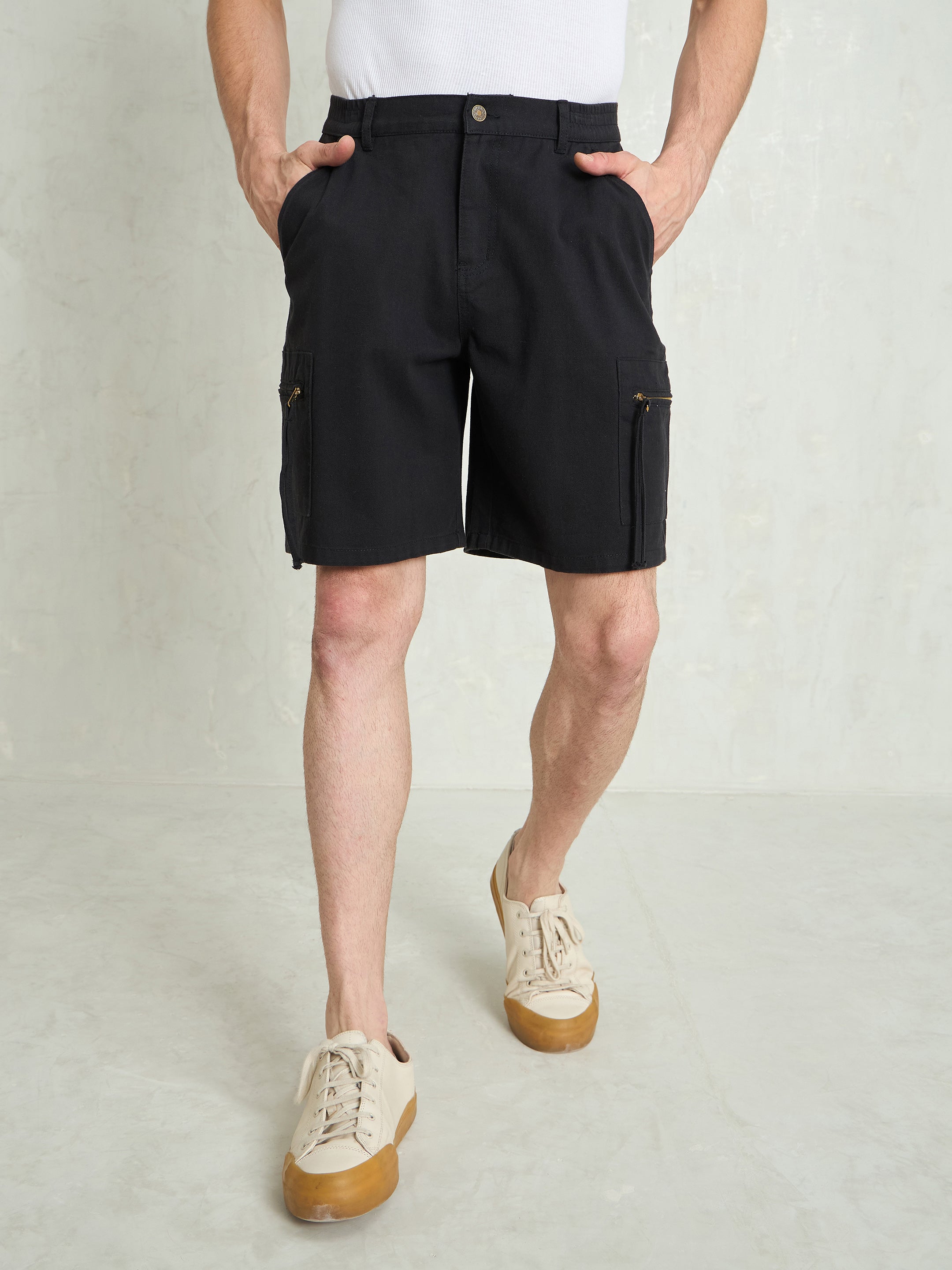 Men Black Denim Twill Zipper Pockets Shorts-MSSHOR90083