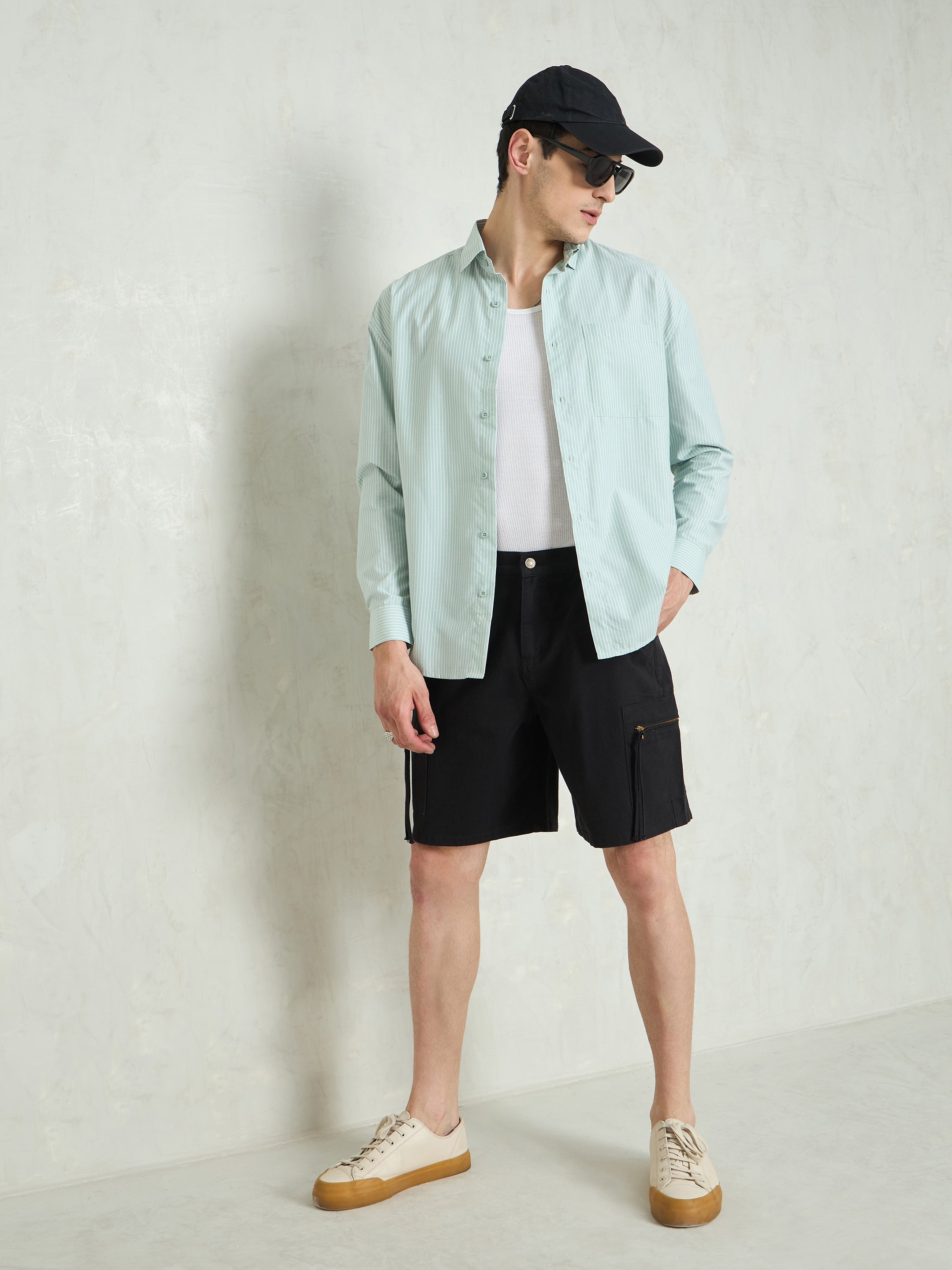 Men Black Denim Twill Zipper Pockets Shorts-MSSHOR90083