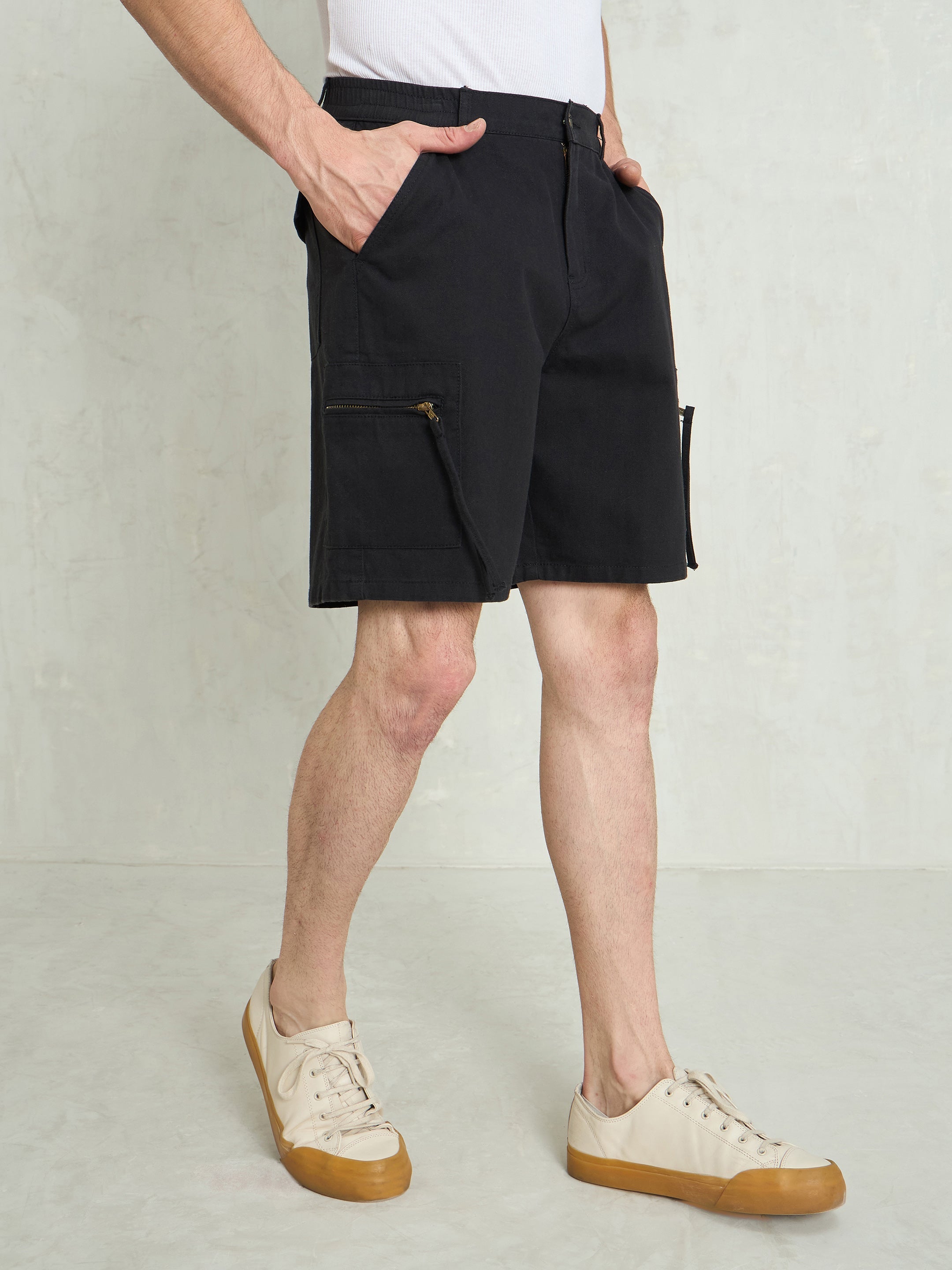 Men Black Denim Twill Zipper Pockets Shorts-MSSHOR90083