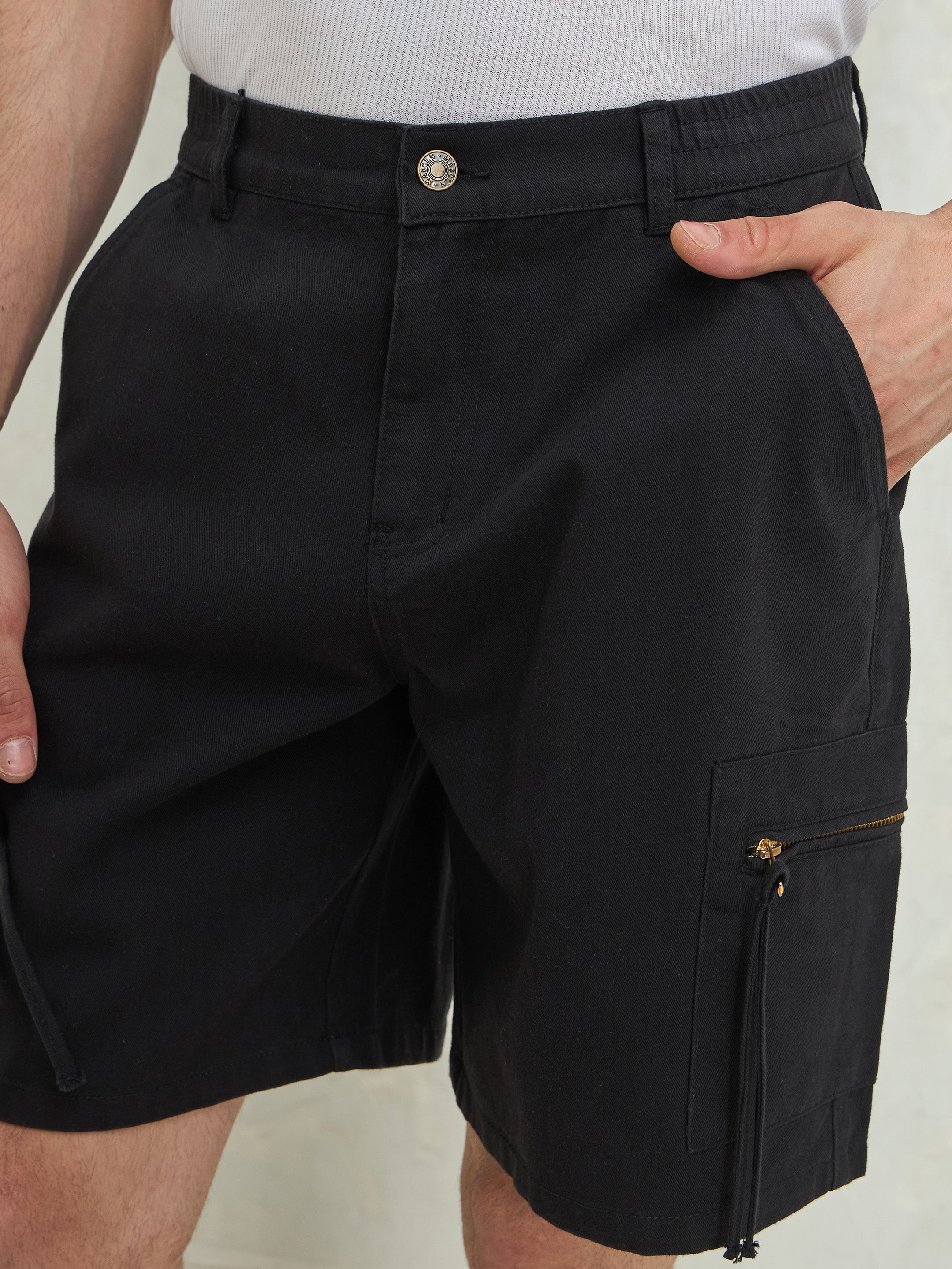 Men Black Denim Twill Zipper Pockets Shorts-MSSHOR90083