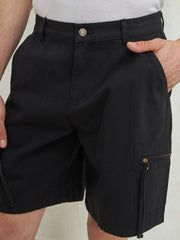 Men Black Denim Twill Zipper Pockets Shorts-MSSHOR90083