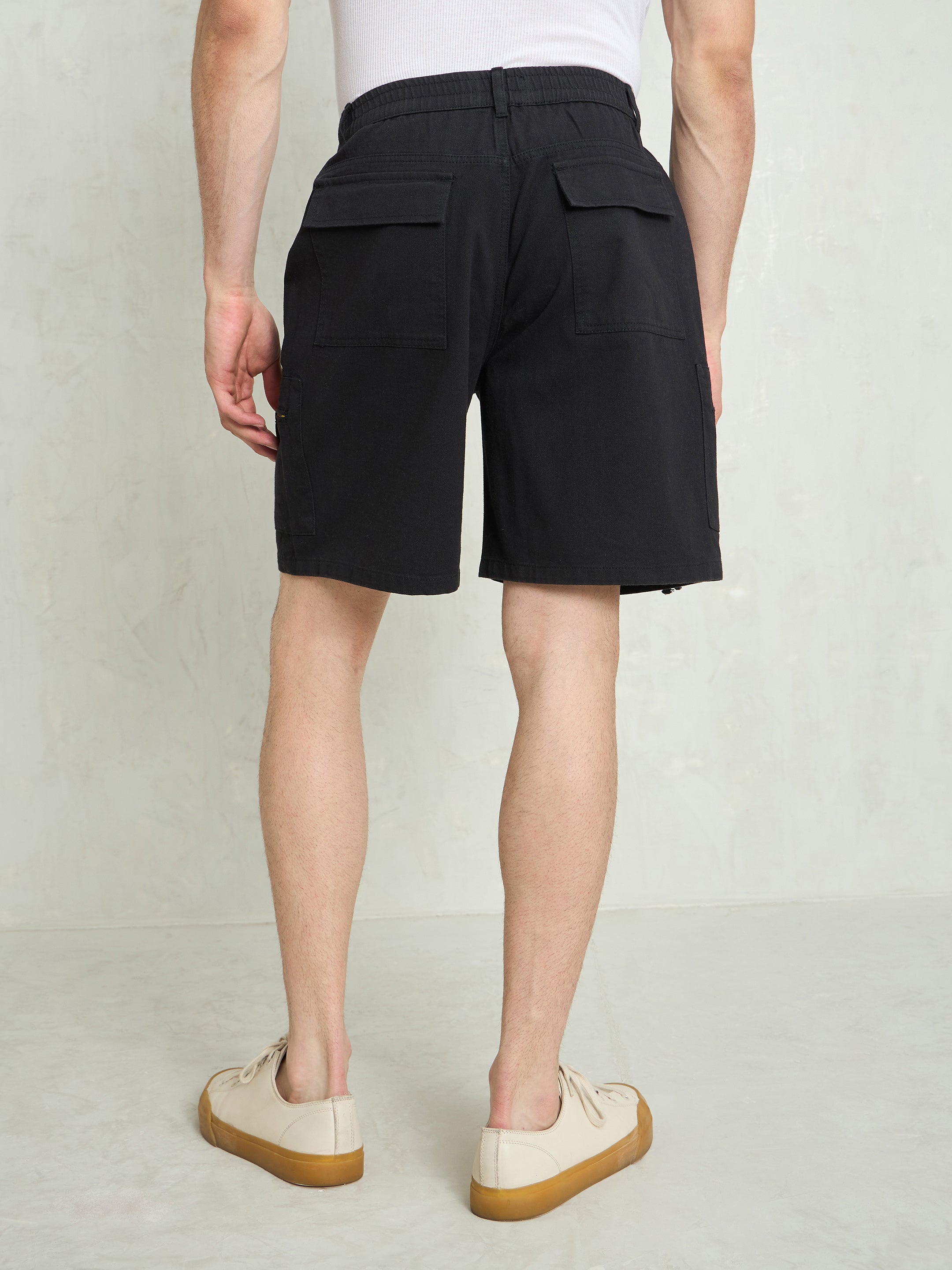 Men Black Denim Twill Zipper Pockets Shorts-MSSHOR90083