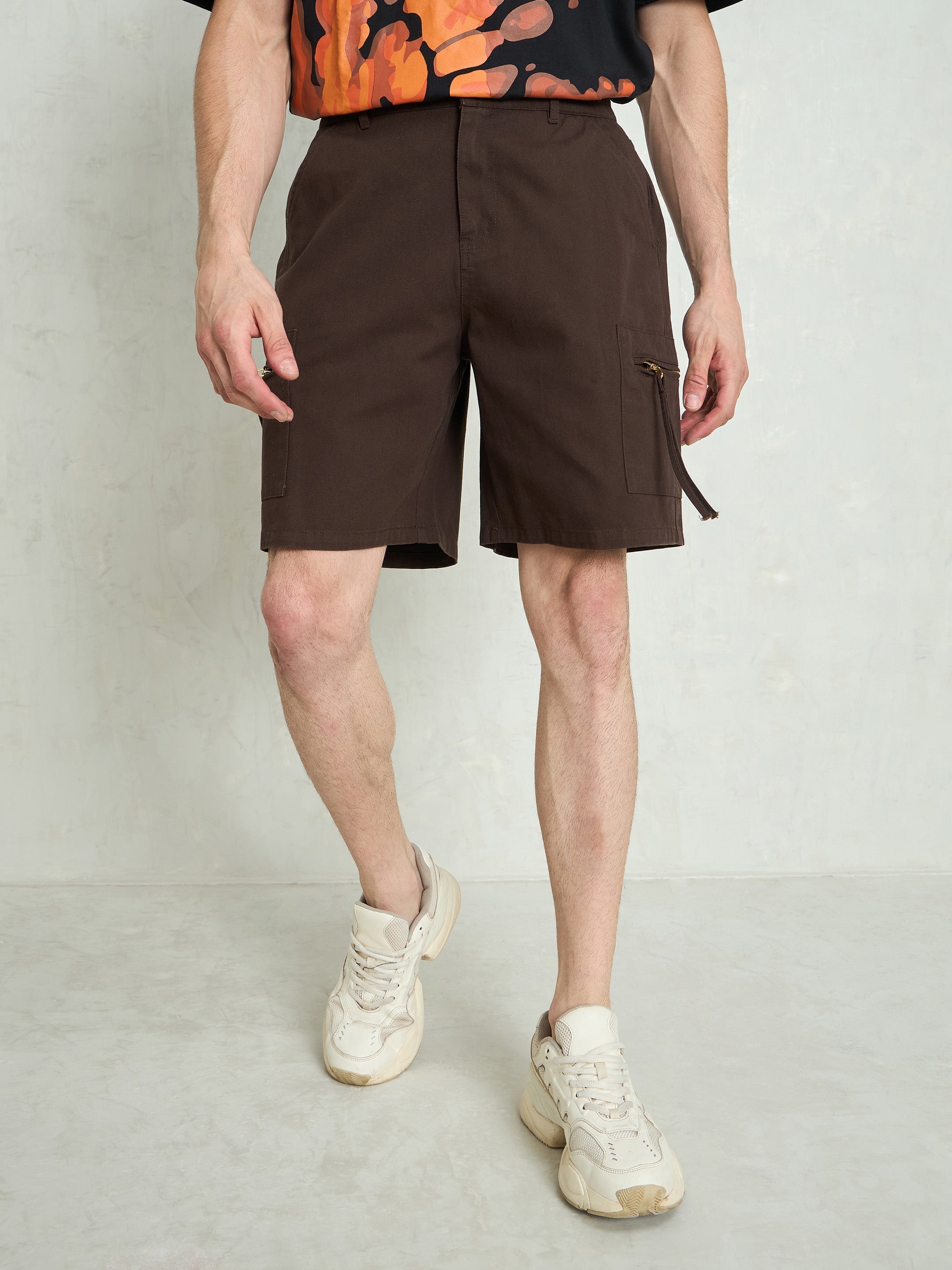 Men Brown Denim Twill Zipper Pockets Shorts-MSSHOR90084