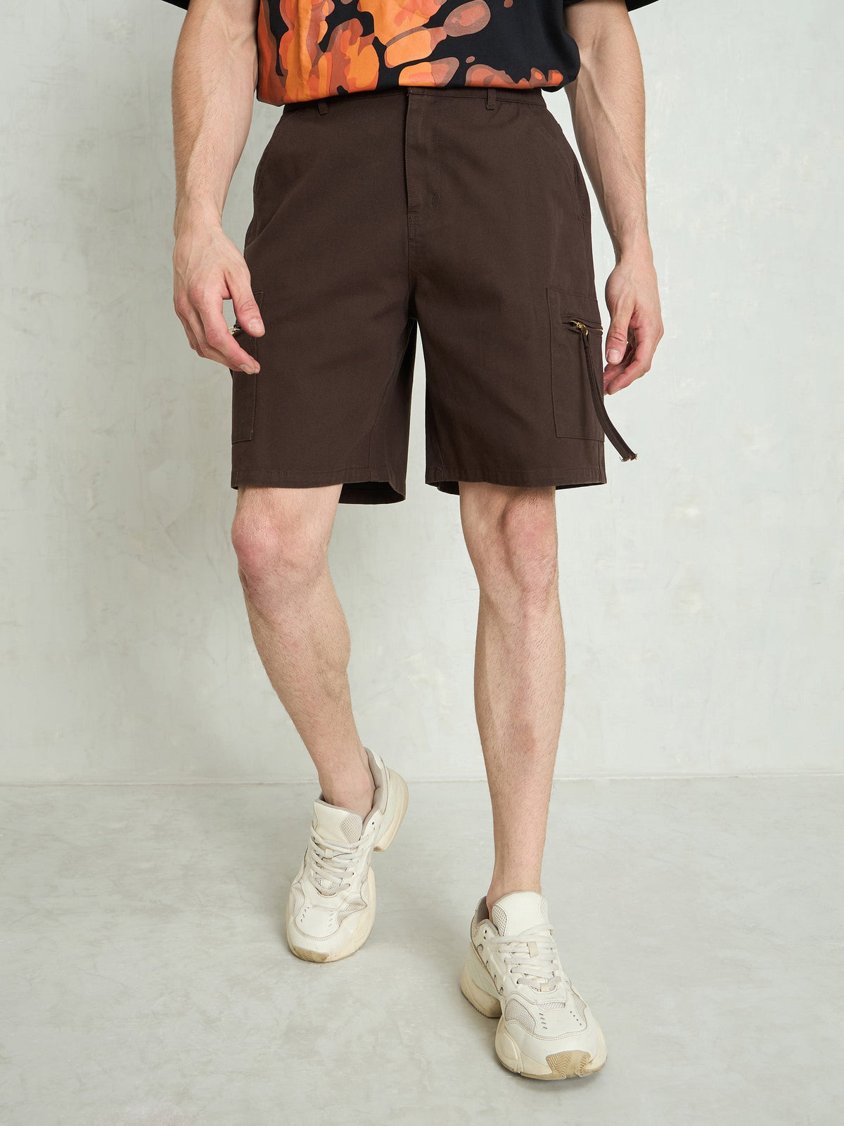 Men Brown Denim Twill Zipper Pockets Shorts-MSSHOR90084