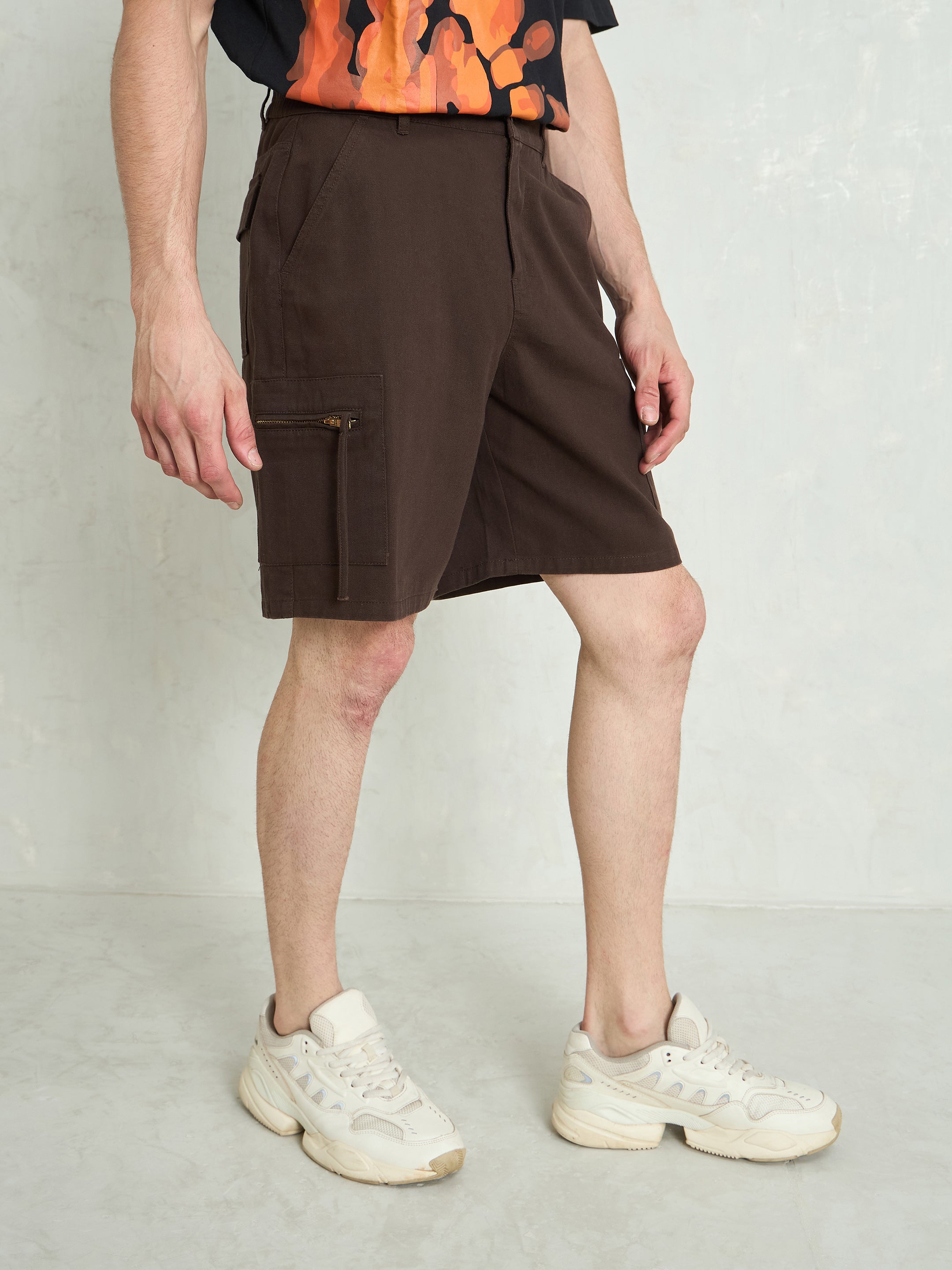 Men Brown Denim Twill Zipper Pockets Shorts-MSSHOR90084