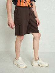 Men Brown Denim Twill Zipper Pockets Shorts-MSSHOR90084
