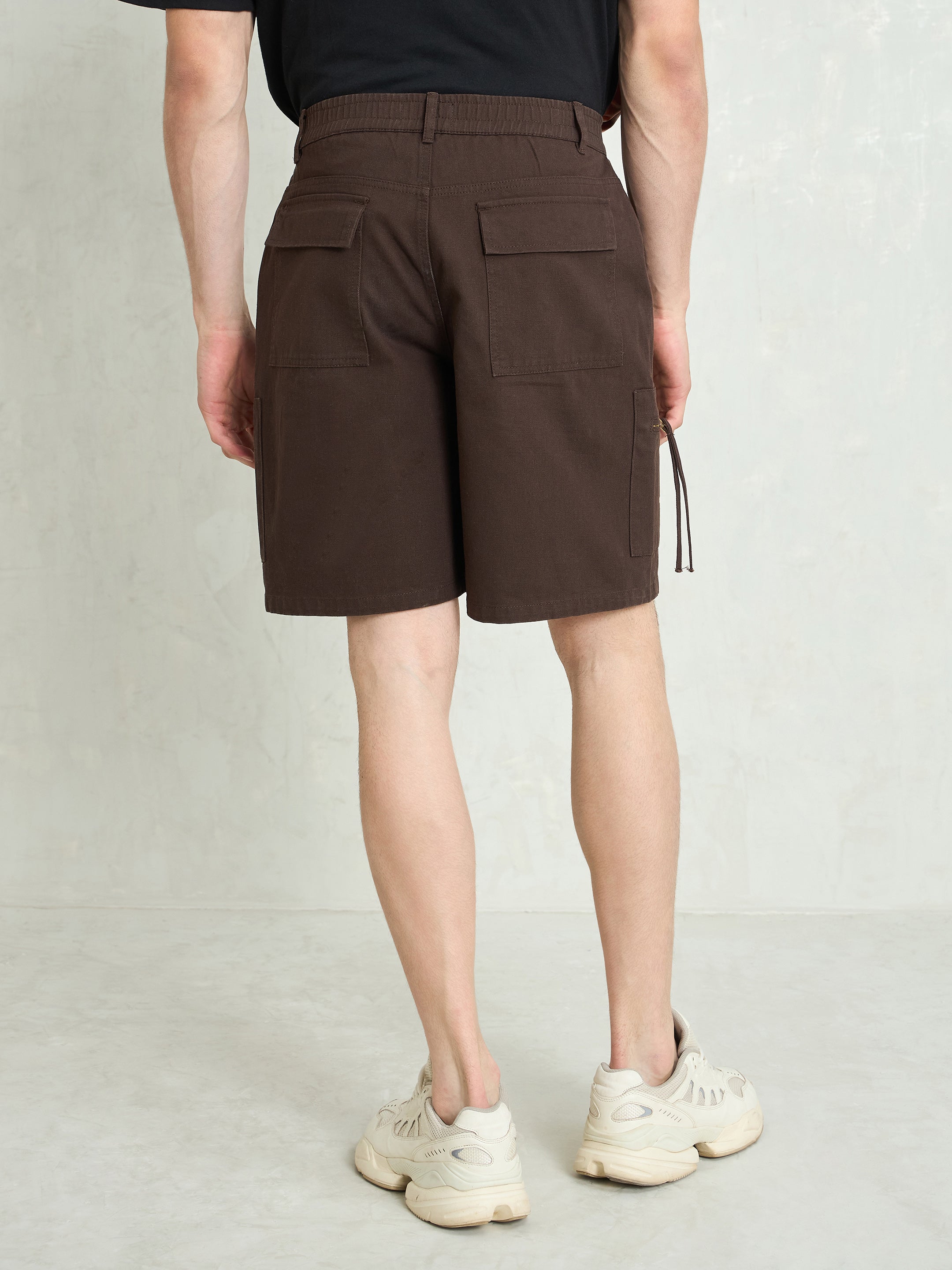 Men Brown Denim Twill Zipper Pockets Shorts-MSSHOR90084