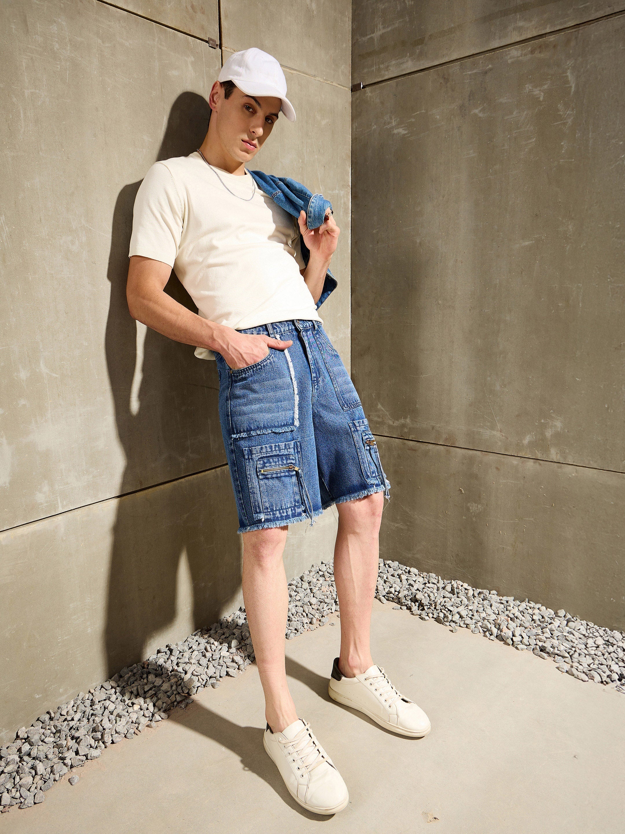 Men Blue Washed Denim Zipper Pocket Shorts-MSSHOR90085